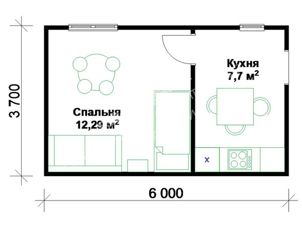 планировка 1-этажного дачного дома 3.7х6