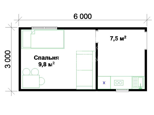 планировка 1-этажного дачного дома 3х6