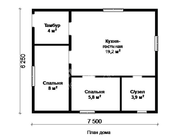 планировка 1-этажного дачного дома 7.5х6.25